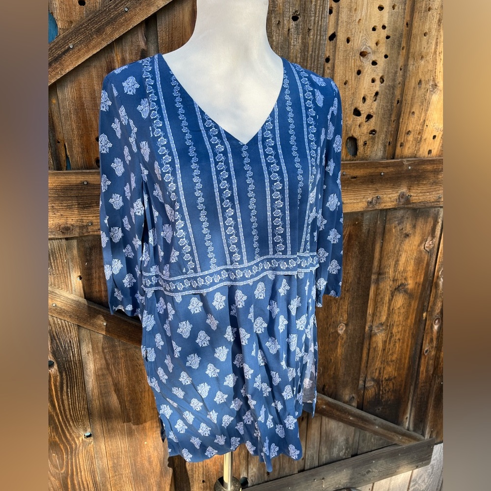 J Jill Blue Pullover Long Sleeve Paneled  Printed Tunic Small Petite